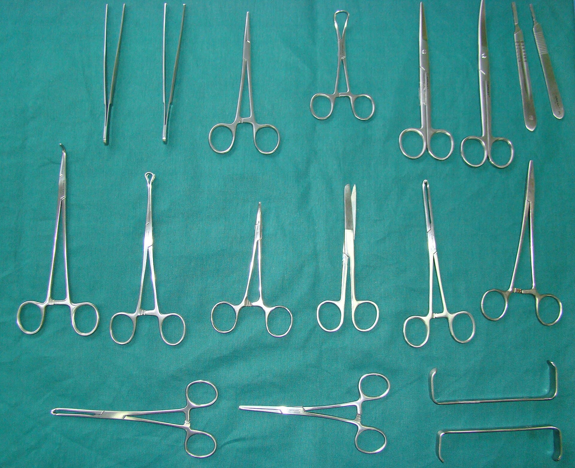 A tray of stainless surgical instruments